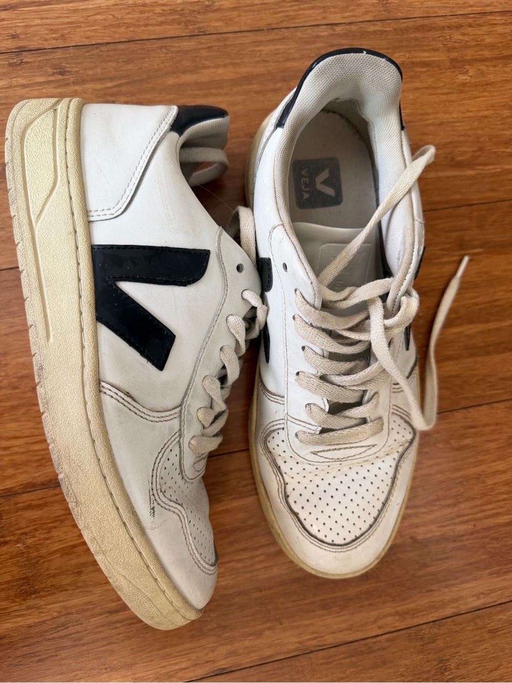 Veja White Leather Sneakers with Black V Logo - women, size US8